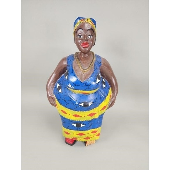 African Tribal Art Carved Wood And Painted Female Colonial Statue